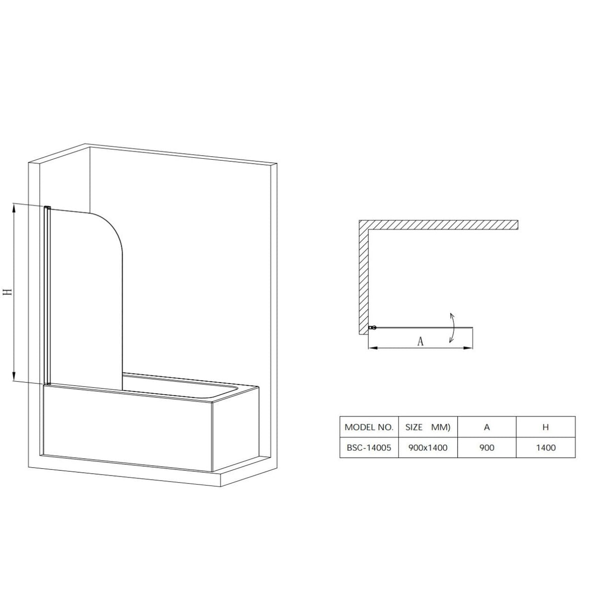 RIO Bathtub Glass Screen 900MM