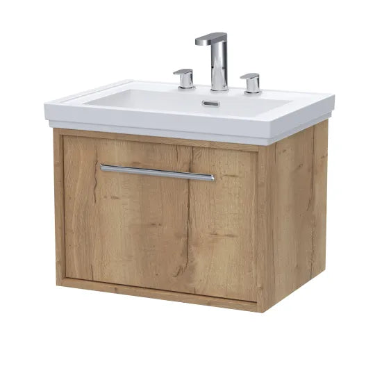 nuie lux Roseburn Autumn Oak 1 Drawer Wall Hung Vanity Unit With 3 Tap Holes Fireclay Basin