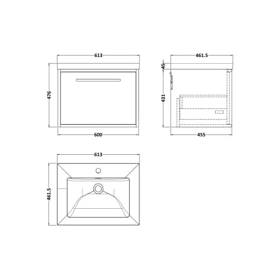 nuie lux Roseburn Autumn Oak 1 Drawer Wall Hung Vanity Unit With 1 Tap Hole Fireclay Basin