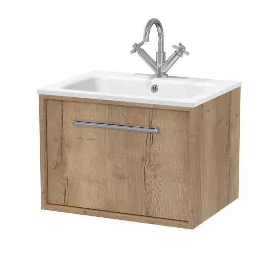 Nuie Lux Roseburn Autumn Oak Wall Hung 1-Drawer Unit & Stone Basin 1TH