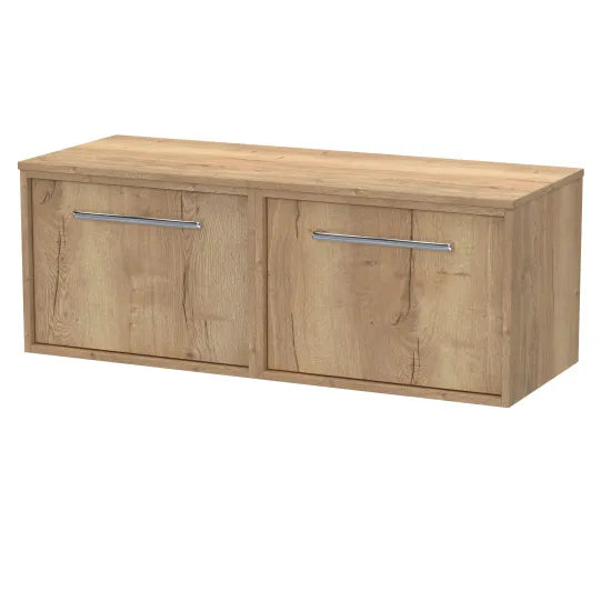 nuie lux Roseburn 1200mm Autumn Oak 2 Drawer Wall Hung Vanity Unit With Co-ordinating Worktop