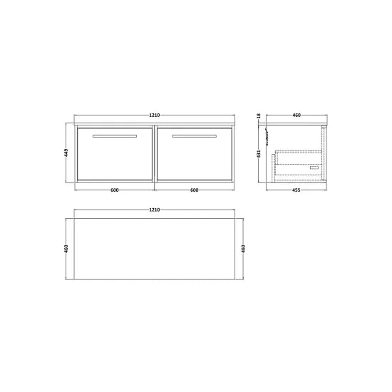 nuie lux Roseburn 1200mm Autumn Oak 2 Drawer Wall Hung Vanity Unit With Co-ordinating Worktop