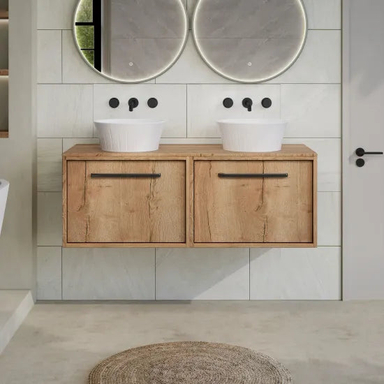 nuie lux Roseburn 1200mm Autumn Oak 2 Drawer Wall Hung Vanity Unit With Co-ordinating Worktop