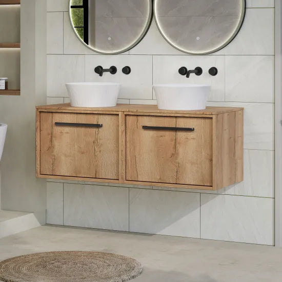 nuie lux Roseburn 1200mm Autumn Oak 2 Drawer Wall Hung Vanity Unit With Co-ordinating Worktop