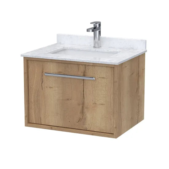 nuie lux Roseburn Autumn Oak 1 Drawer Wall Hung Vanity Unit With Basin With Marble Worktop