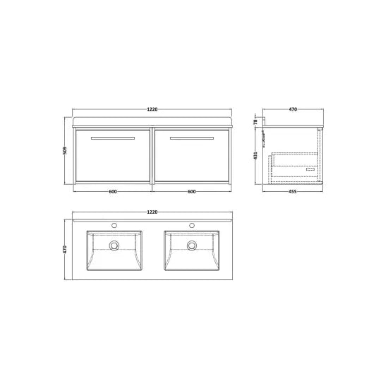 nuie lux Roseburn 1200mm Autumn Oak 2 Drawer Wall Hung Vanity With Twin Marble Basin
