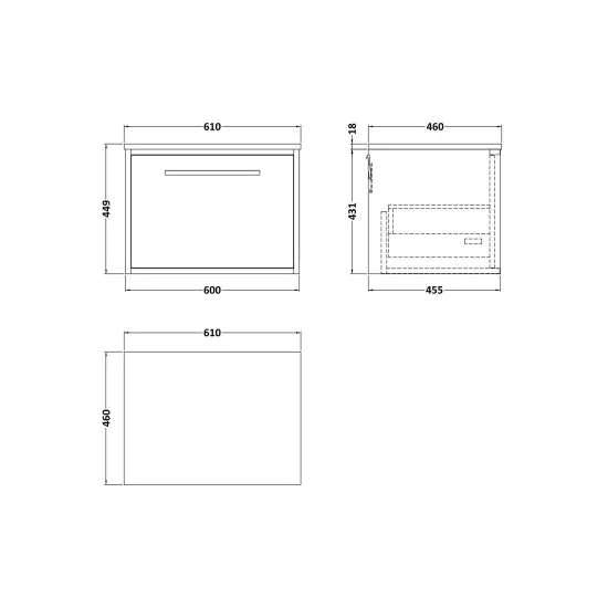 nuie lux Roseburn 600mm Autumn Oak 1 Drawer Wall Hung Vanity Unit With Co-ordinating Worktop