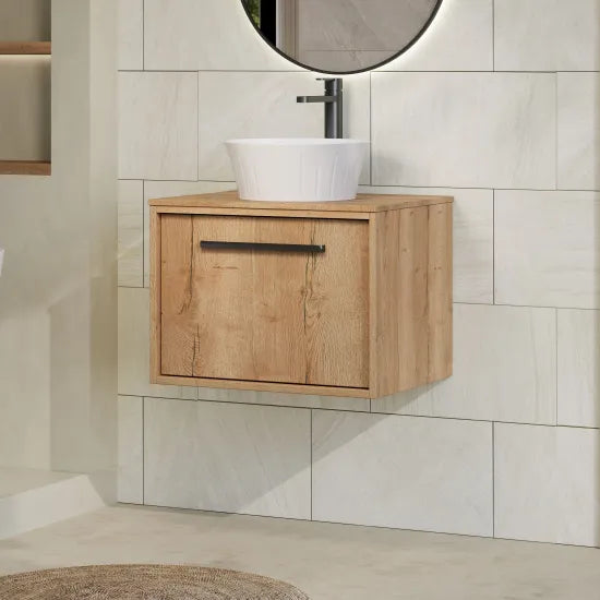 nuie lux Roseburn 600mm Autumn Oak 1 Drawer Wall Hung Vanity Unit With Co-ordinating Worktop