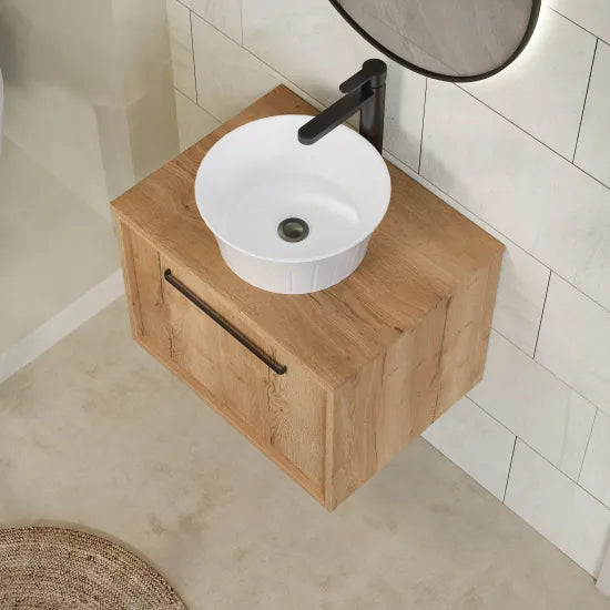 nuie lux Roseburn 600mm Autumn Oak 1 Drawer Wall Hung Vanity Unit With Co-ordinating Worktop