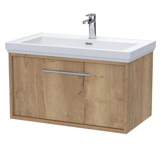 nuie lux Roseburn 800mm Autumn Oak 1 Drawer Wall Hung Vanity Unit With 1 Tap Hole Fireclay Basin