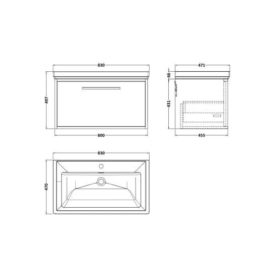 nuie lux Roseburn 800mm Autumn Oak 1 Drawer Wall Hung Vanity Unit With 1 Tap Hole Fireclay Basin