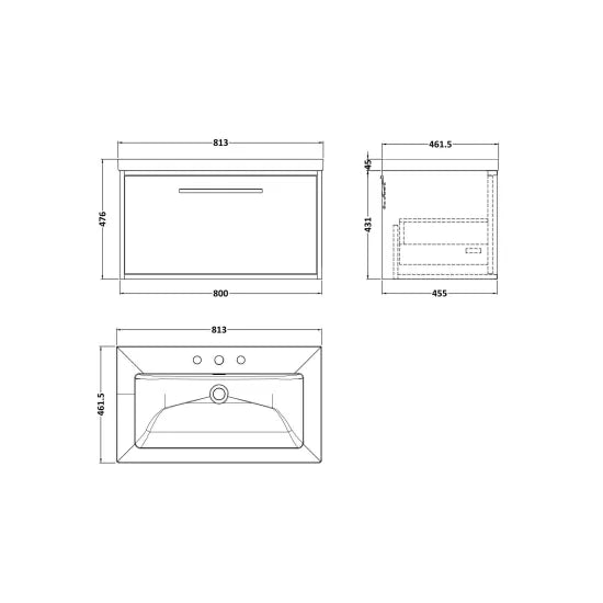 nuie lux Roseburn 600mm Autumn Oak 1 Drawer Wall Hung Vanity Unit With 3 Tap Holes Fireclay Basin
