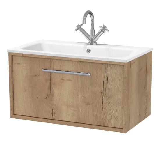 Nuie Lux Roseburn Autumn Oak Wall Hung 1-Drawer Unit & Stone Basin 1TH