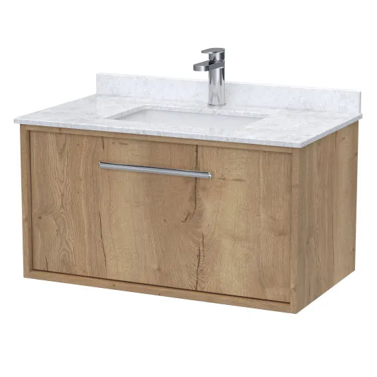 nuie lux Roseburn 800mm Autumn Oak 1 Drawer Wall Hung Vanity Unit With Basin With Marble Worktop