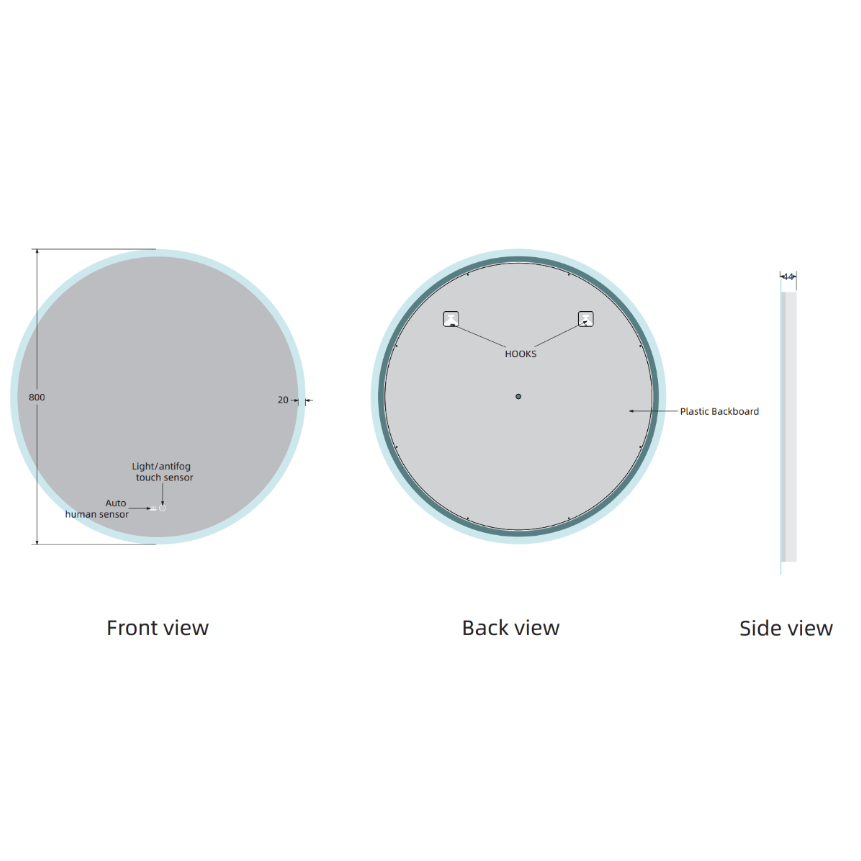 Yora circular front and back lit mirror 800mm x 800mm