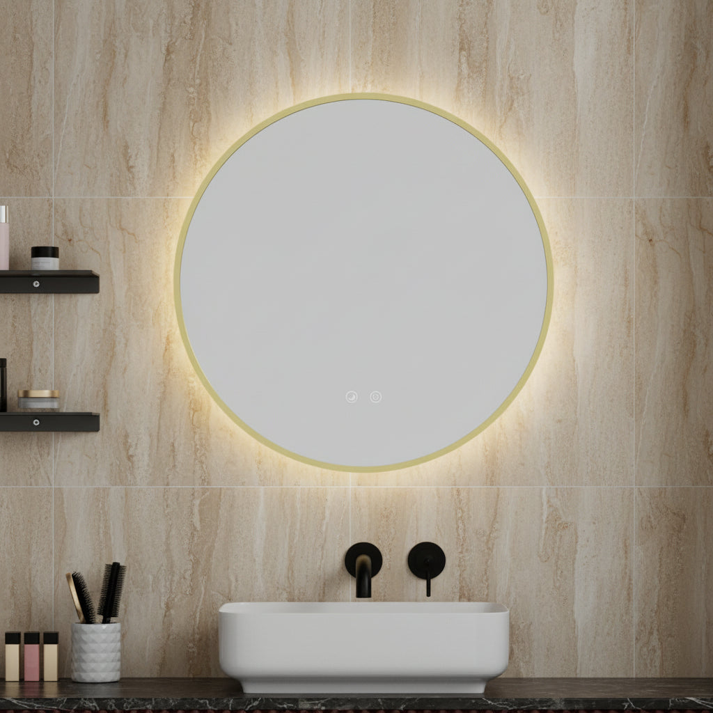 Luxury round brushed brass framed LED mirror 800 mm