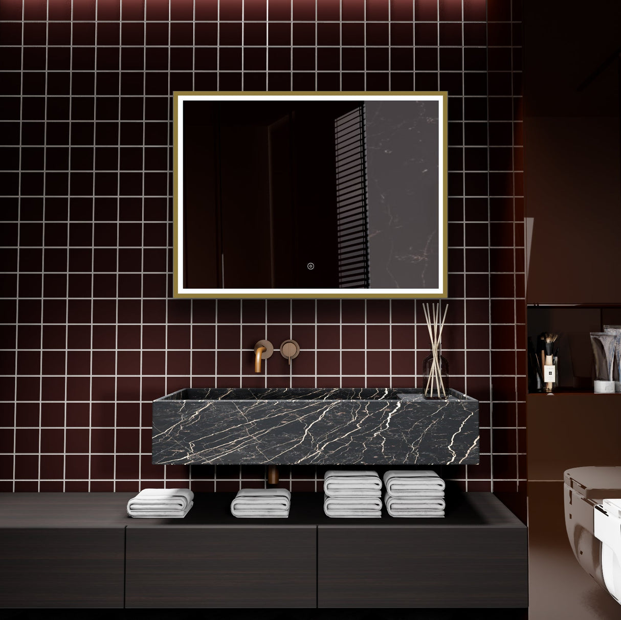 Yora horizontal frame front lit mirror brushed gold frame 800mm x 600mm