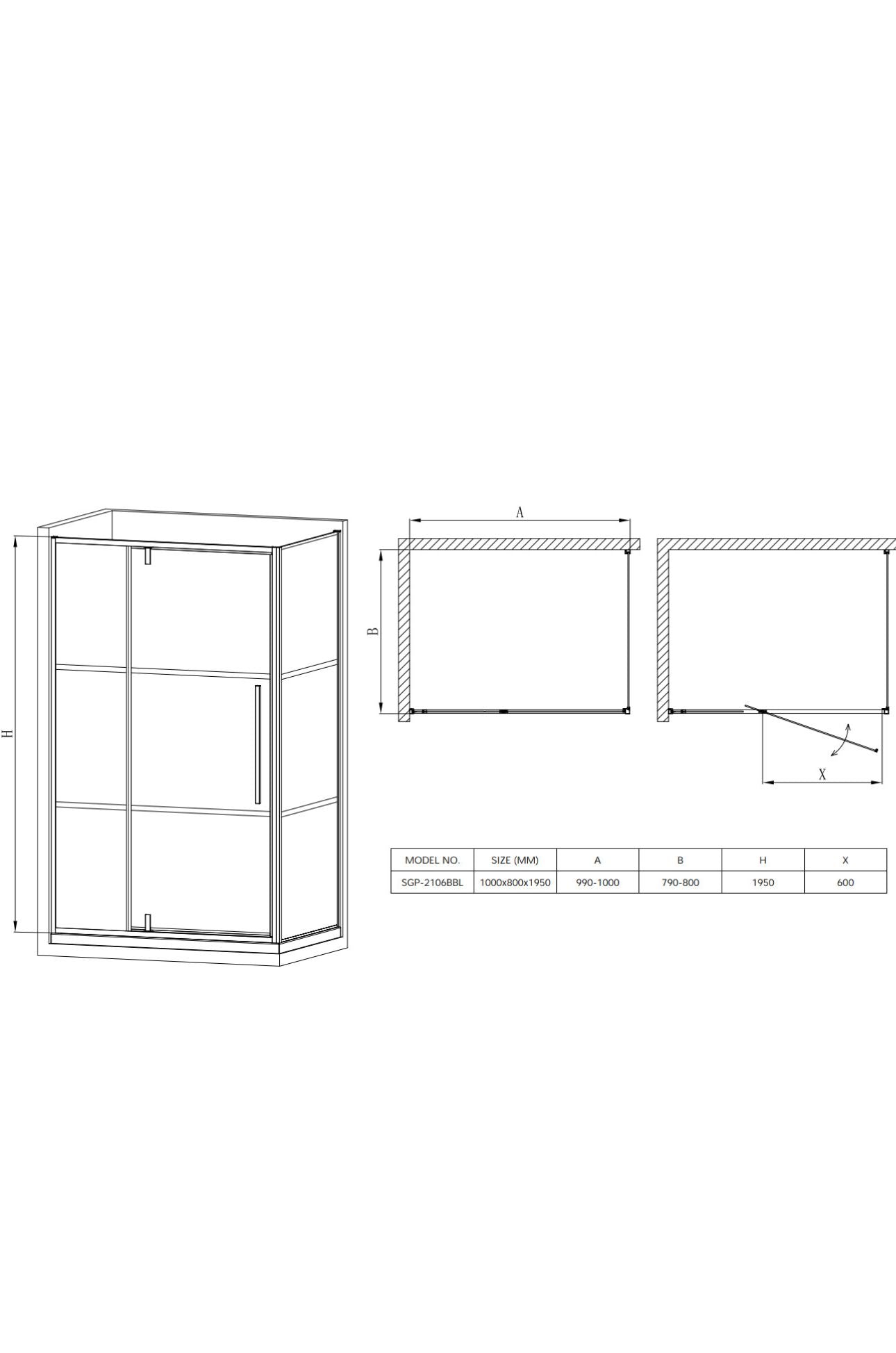 Saito Matte Black shower Enclosure 1000MM X 800MM - 800MM Door